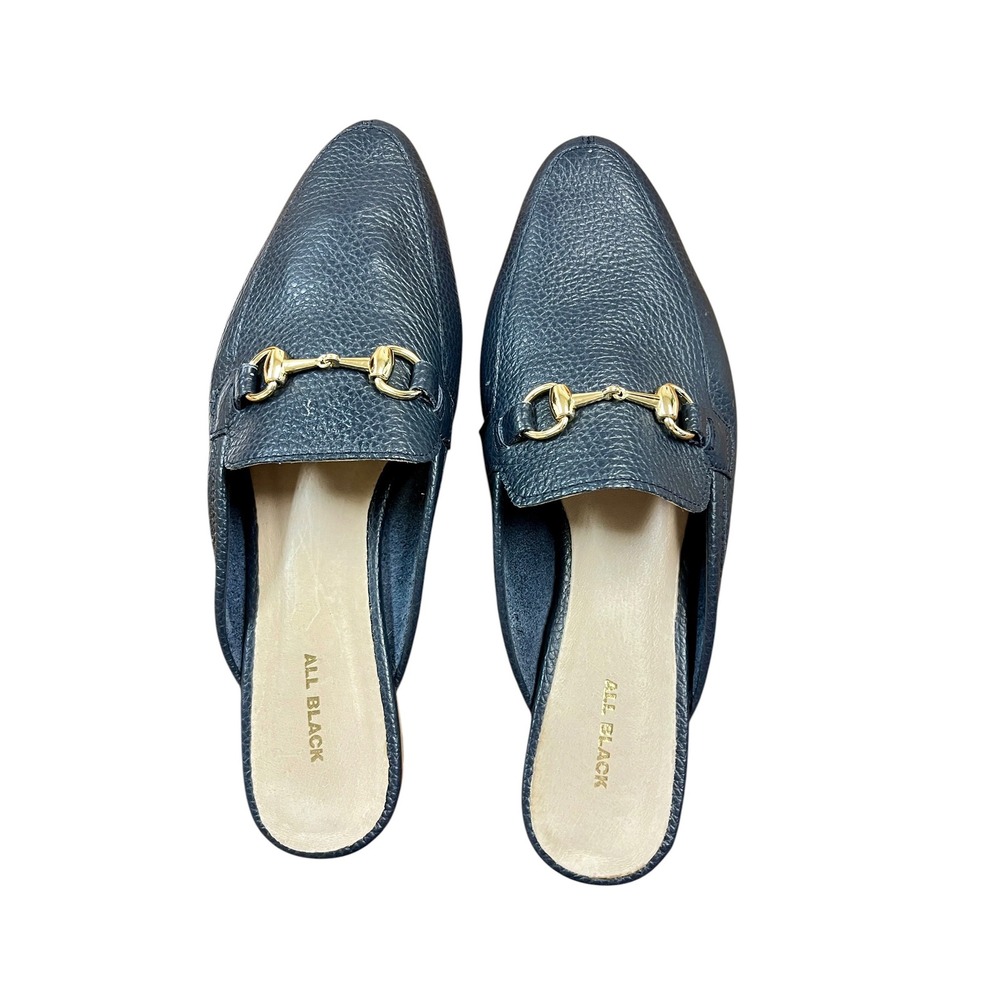 ALL BLACK Horsebit Loafer Mules 39.5 9 Navy Blue Leather Classic Luxury - Picture 7 of 9